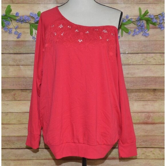 Torrid Women's Red Floral Open Weave Off Shoulder Sweatshirt Plus Size 2 2X - Picture 1 of 9
